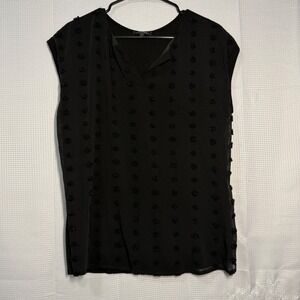 Papermoon Sleeveless Blouse Large Black Textured Pom Pom V-Neck Top